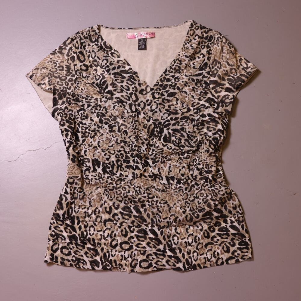 y2k cheetah leopard print ruffle v neck top women's XL